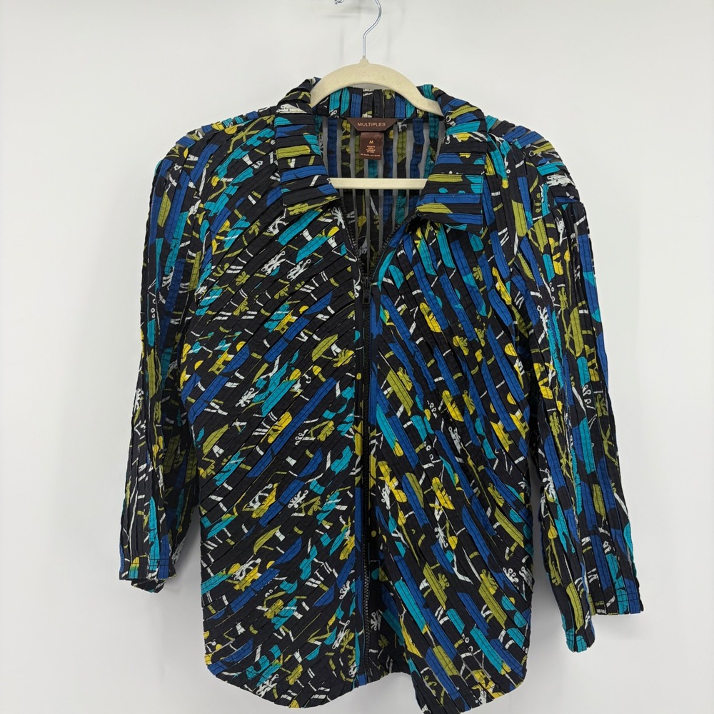 Multiples Zip‎ Up Jacket Blue Green Black Womens Size M Abstract Art To Wear